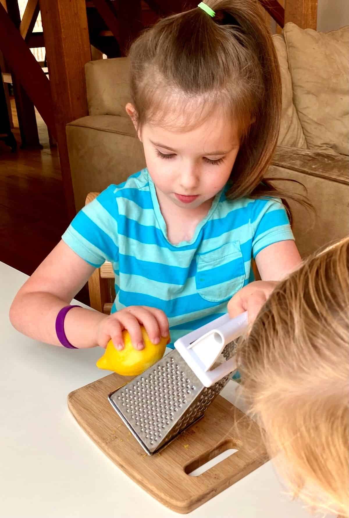 Montessori Food Prep with lemon, box grater, and cutting board