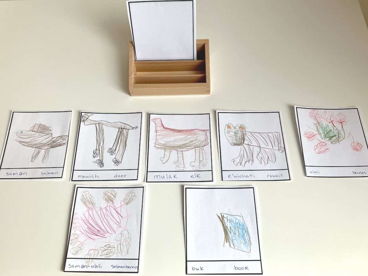 Language cards with hand drawn illustrations and labels in Chinuk Wawa and English