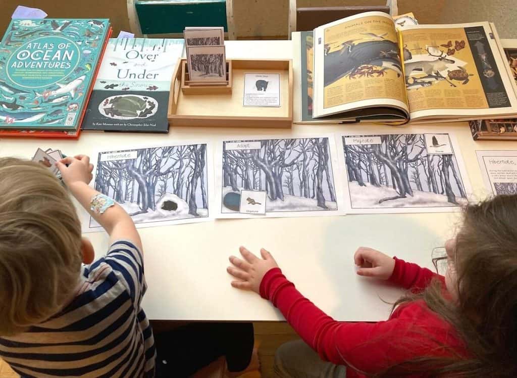 two kids sitting at a table with books and printable materials about animals in winter