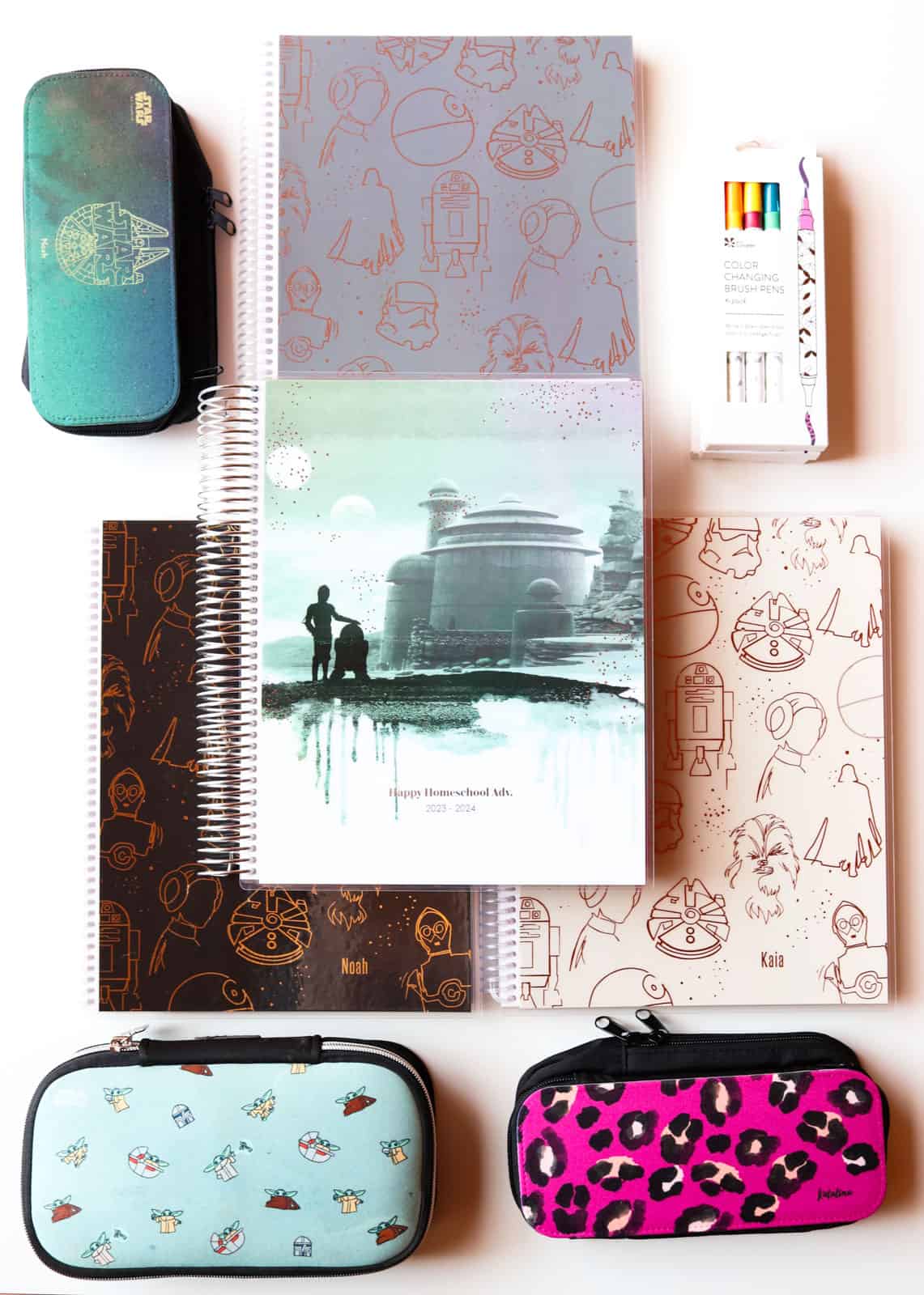 Erin Condren Star Wars Tatooine watercolor teacher lesson planner, pencil cases, kids handwriting and story journals, and color changing pens