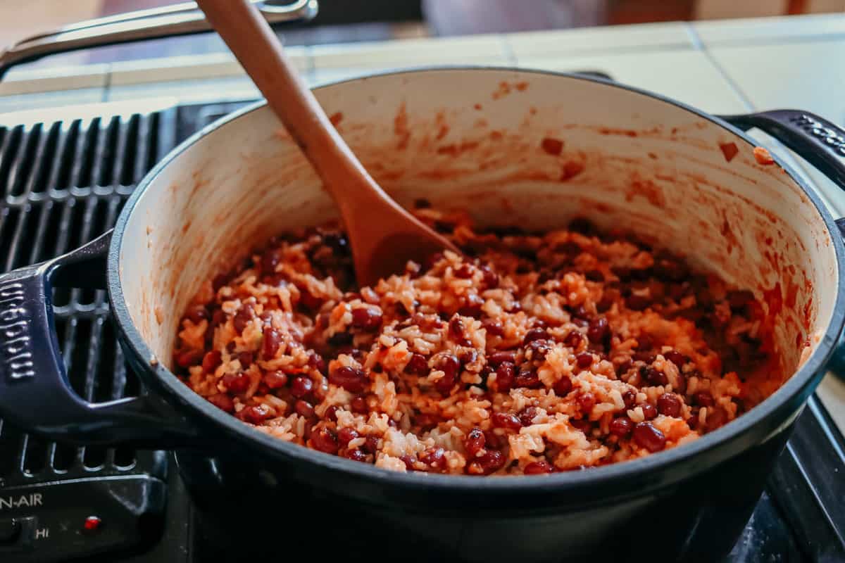 jollof rice with beans in a Dutch oven