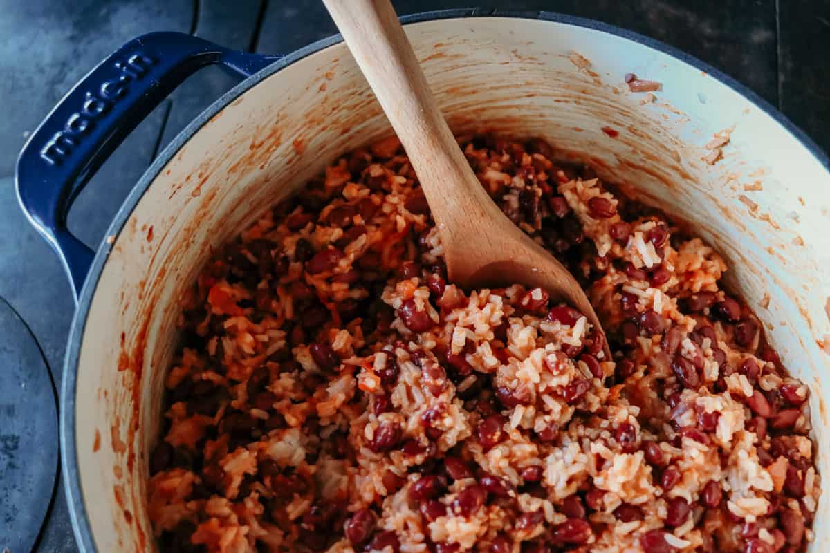 jollof rice with beans in a Dutch oven