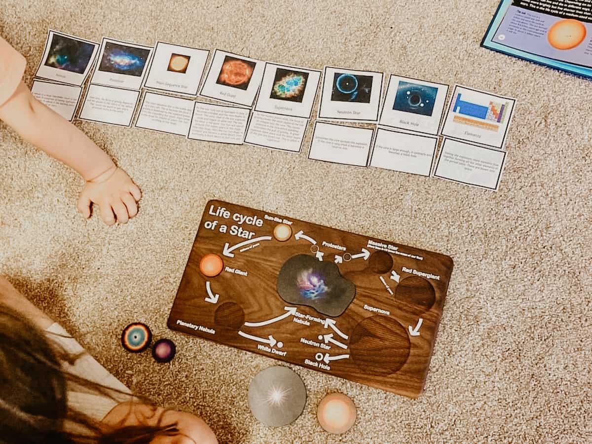 Montessori Kids using Learning Ark Stellar Nucleosynthesis Cards and Mirus Toys Life Cycle of a Star Puzzle