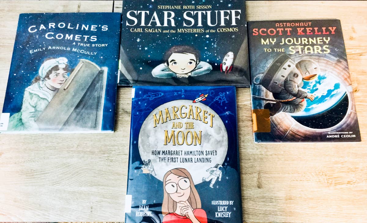 Books about people relevant to space activities for kids