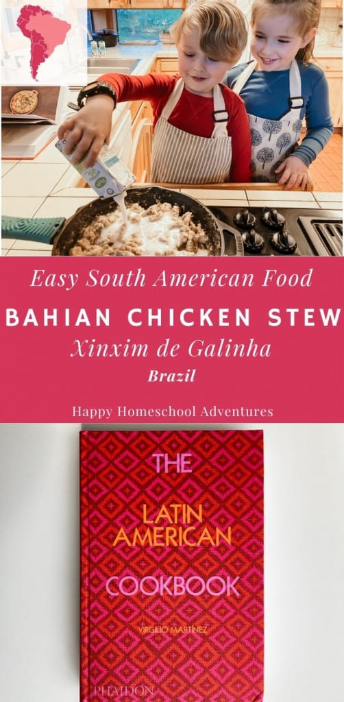 Learn how to make easy South American food with this recipe for  Xinxim de Galinha, Bahian Chicken Stew.  Free kid-friendly recipe also included for this Brazilian chicken dish.  Great for making with pre-readers on up.