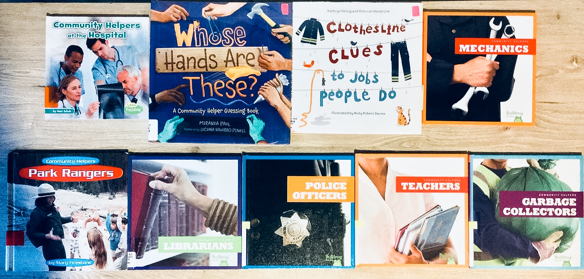 Community helpers books for preschool, including jobs such as hospital workers, mechanics, park rangers, librarians, police officers, teachers, garbage collectors