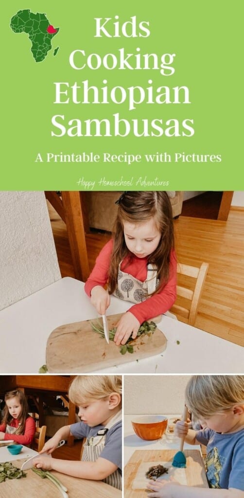 Kids Cooking Ethiopian Sambusas in Montessori Homeschool. Includes a FREE Recipe with pictures for making East African food with your family.  Use this visual recipe to encourage confidence and independence in practical life skills such as cooking.  Great for preschool and up.