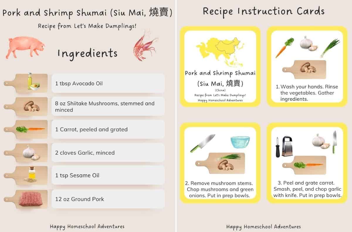 Pork and Shrimp Shumai Recipe Ingredients and Recipe Instruction Cards for kids