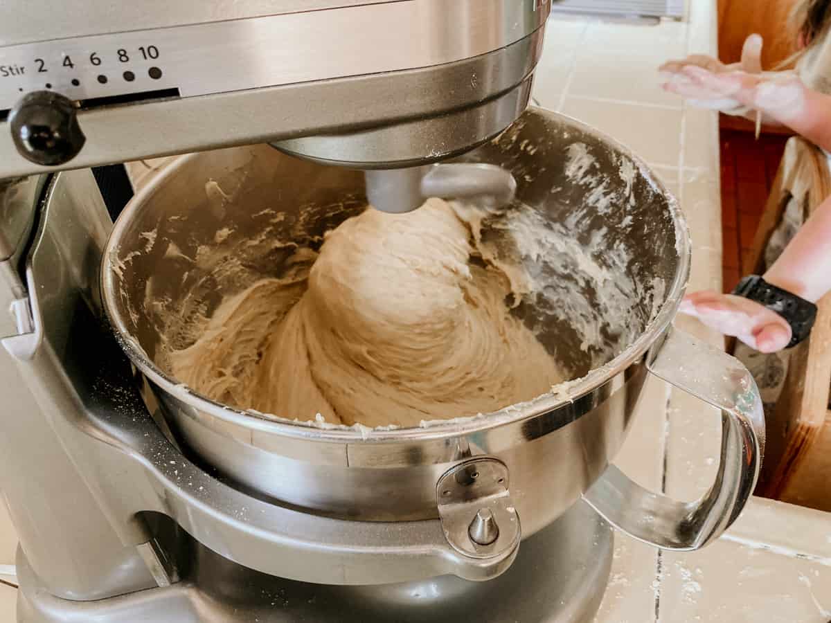 kneading kolach dough using a dough hook and a stand mixer