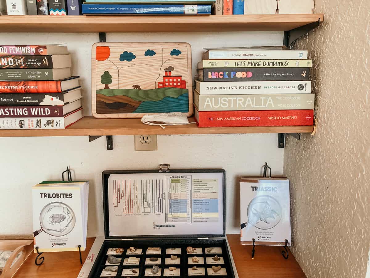 cookbooks on a shelf along with other books, a puzzle, and other earth science materials