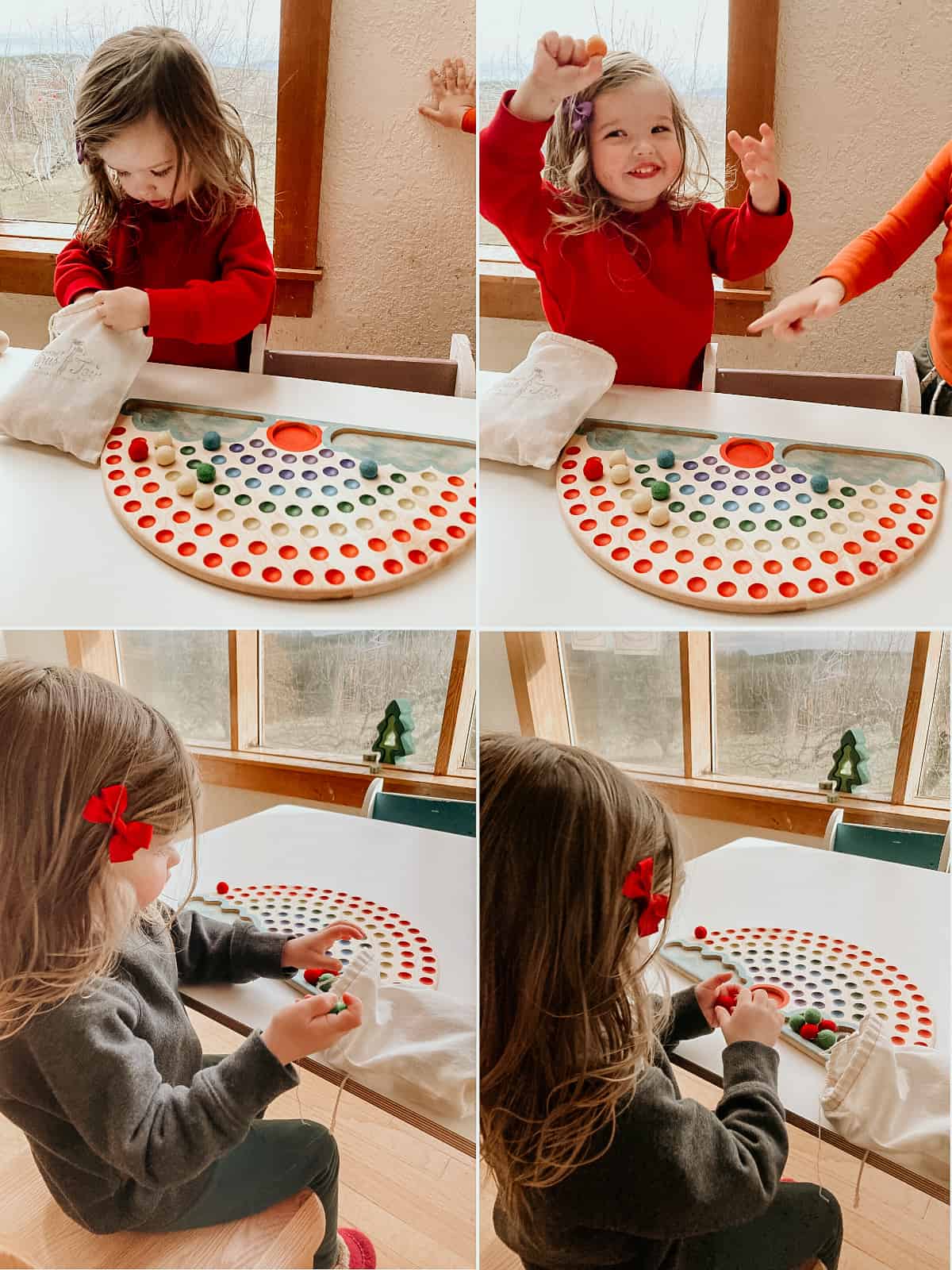 child working with the Mirus Toys wooden rainbow color sorting material
