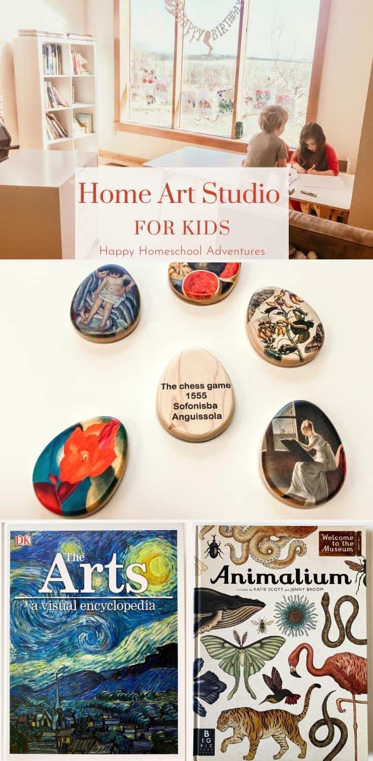 Home Art Studio Setup for Kids including books and materials for home or homeschooling of preschool, kindergarten, and elementary learners.