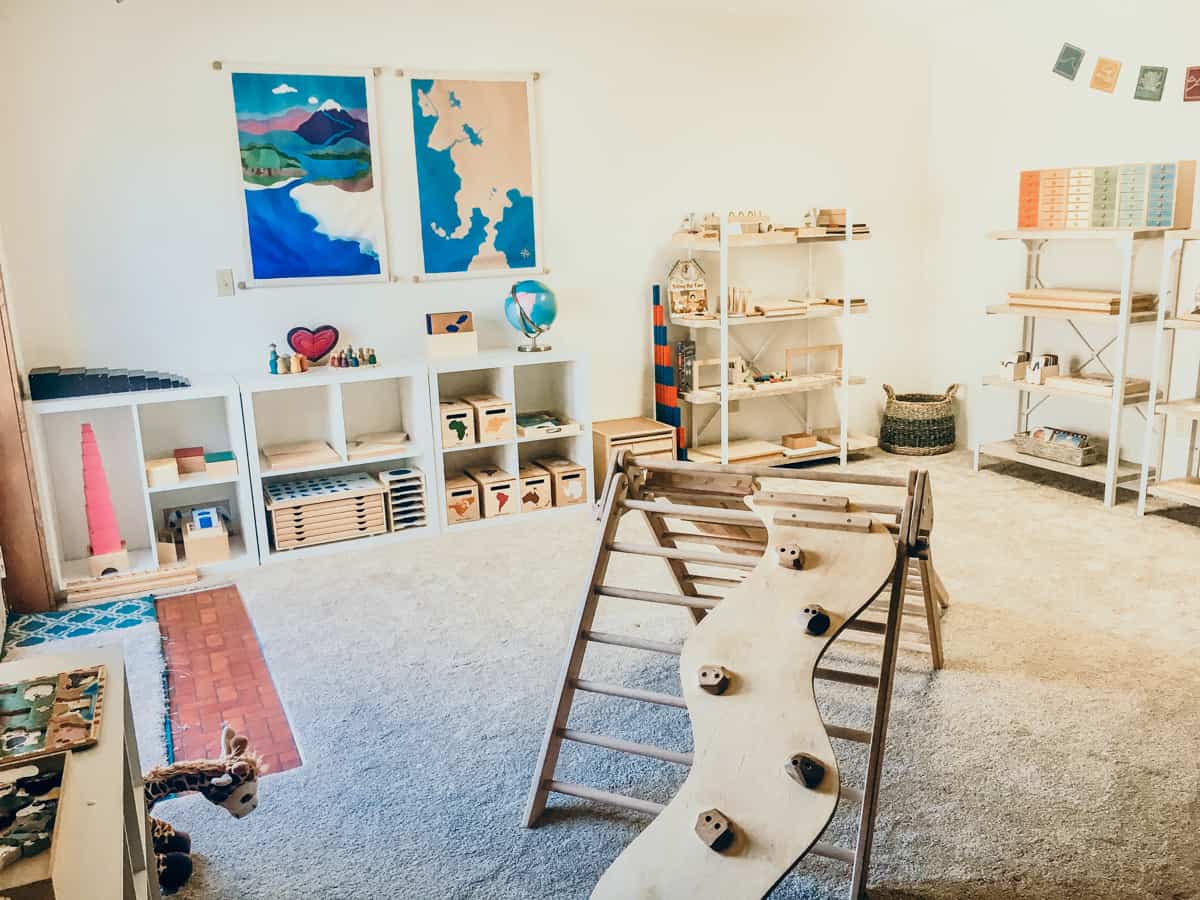 preschool and kindergarten homeschool room with shelves and hands-on materials