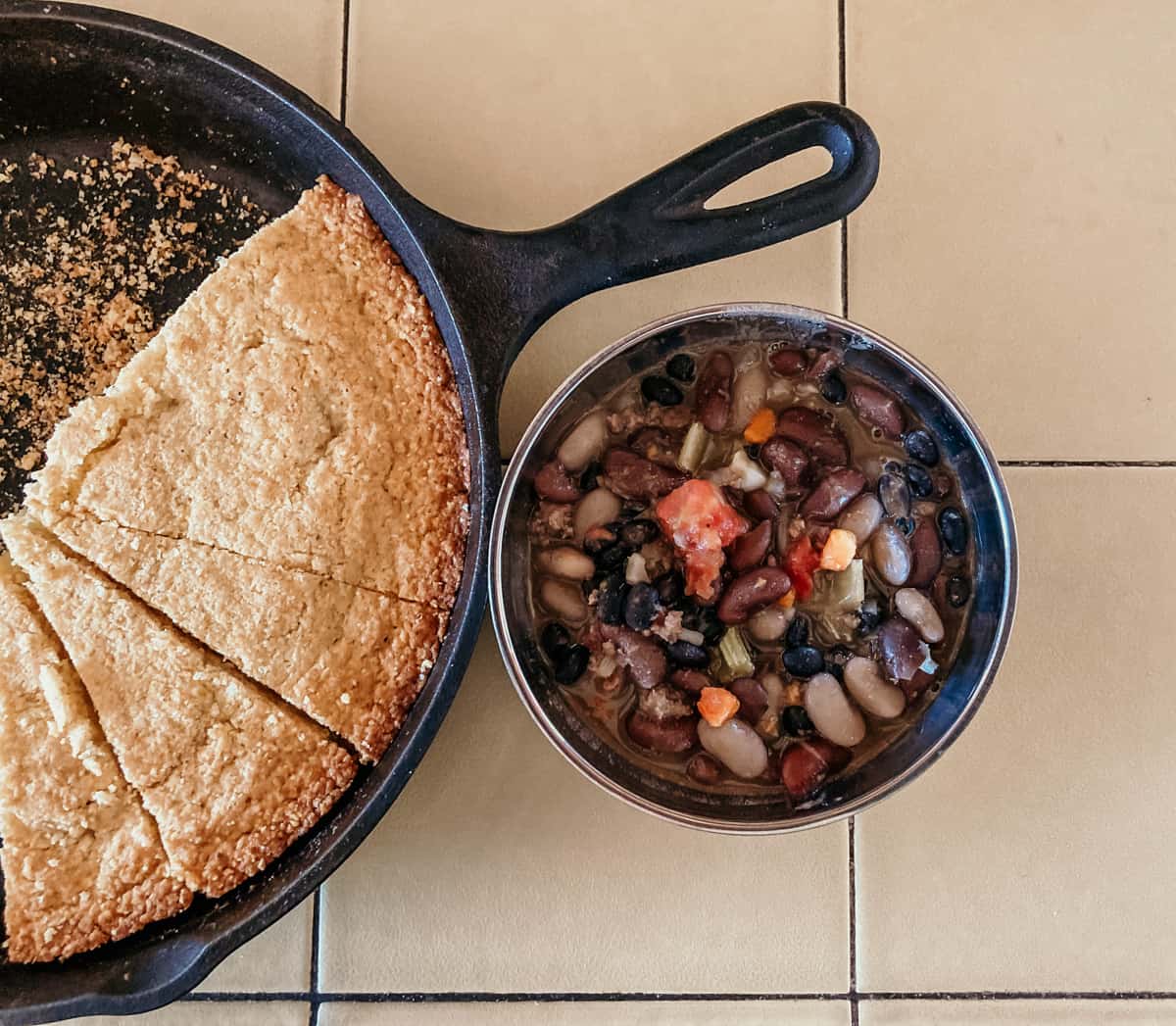 Three Sisters Bean Stew in a bowl to be served with Einkorn Cornbread