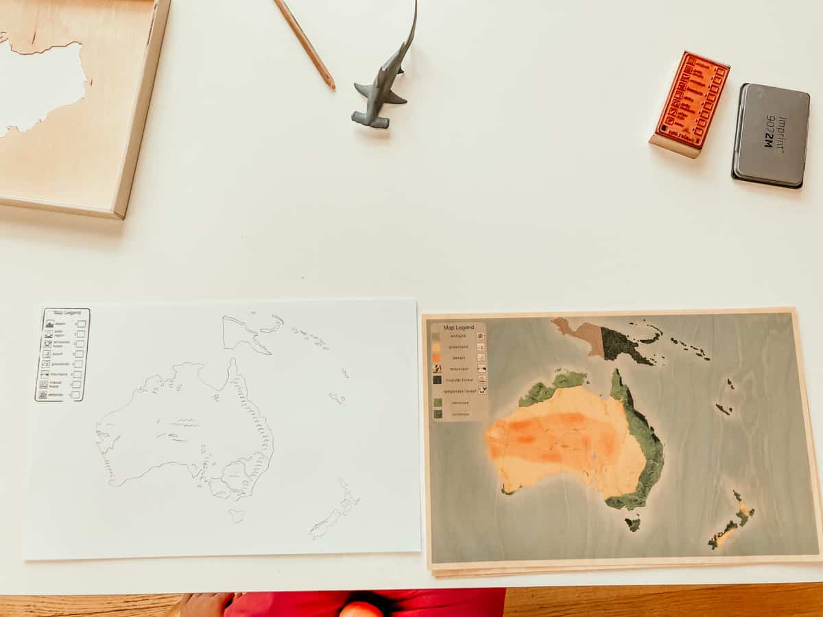 The Waseca Biomes Oceania Continent Stencil materails next to a finished sketch of the continent, a map legend stamp, and ink pad, a pencil, and a Schleich hammerhead shark.
