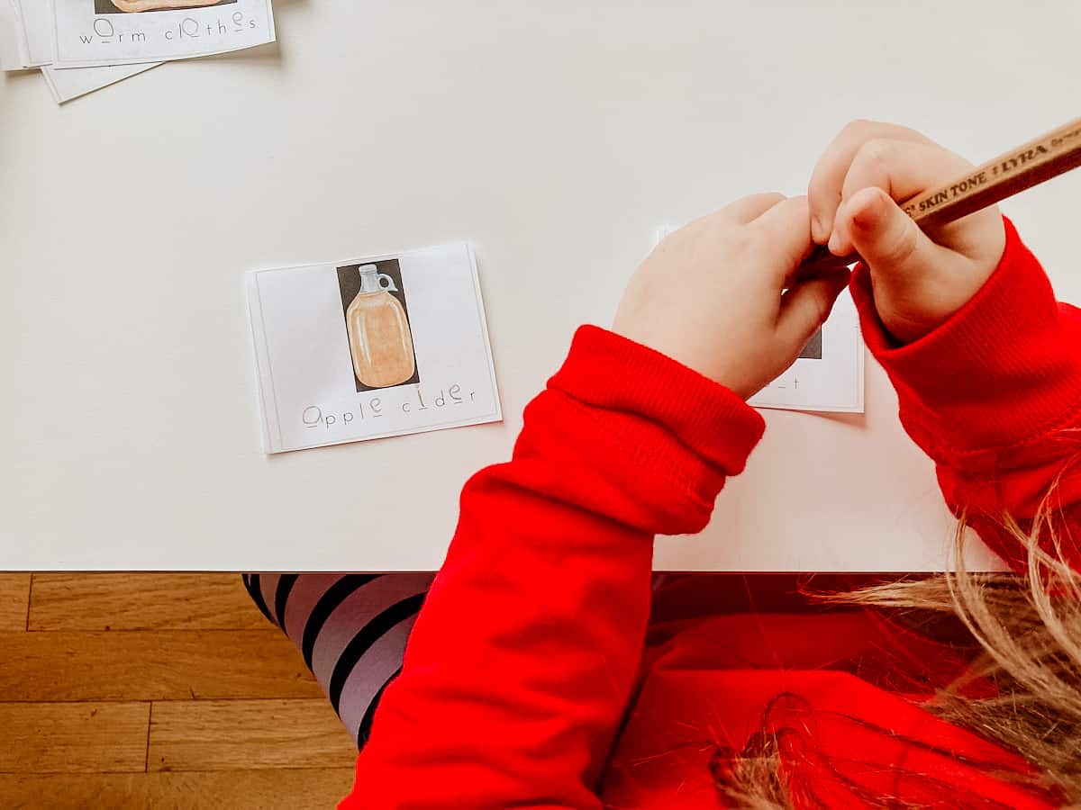 child holding a pencil next to cards with illustrations and words for history of language and phoenician alphabet extension activity