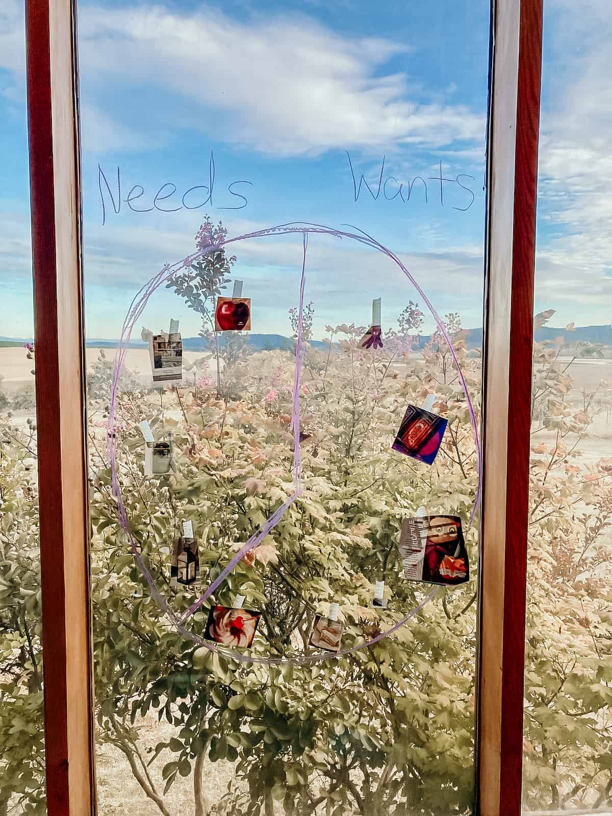 window with the words needs and wants, a circle with pictures taped inside