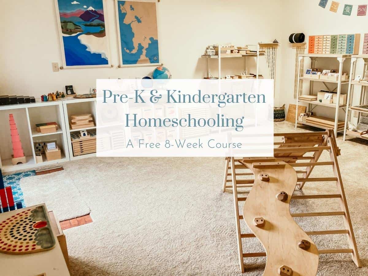 image of a Montessori homeschool room with text overlay for a free course