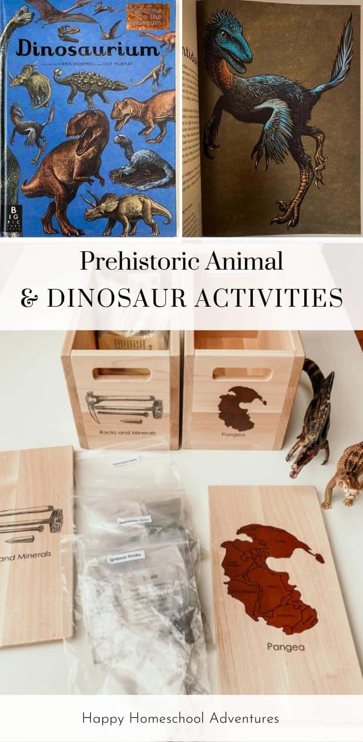 This Montessori-friendly Unit Study nurtures fun, affordable, hands-on learning about prehistoric animals, dinosaur activities, and fossil activities using books, art experiences, and more. These Geology and Paleontology activities are targeted toward preschool and kindergarten ages but can be adapted for all learners in homeschool. They will nurture a love of earth science, dinosaurs, and other prehistoric life, as well as a strong nature connection.
