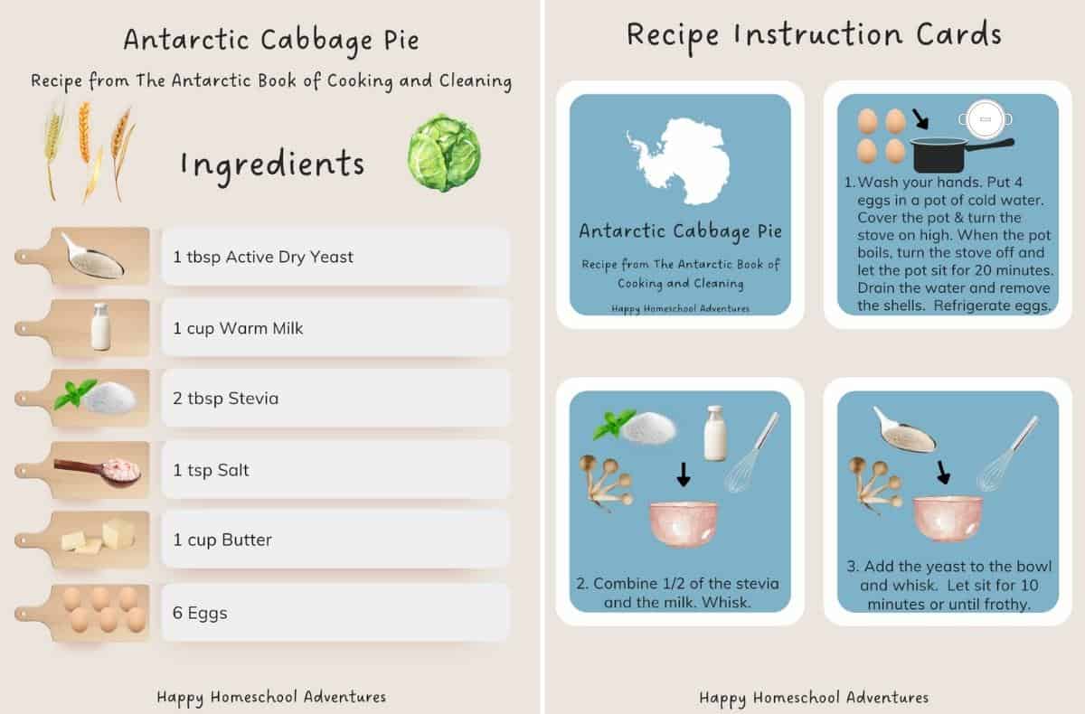 Ingredients list and recipe instruction cards snippet for Antarctic Cabbage Pie Recipe