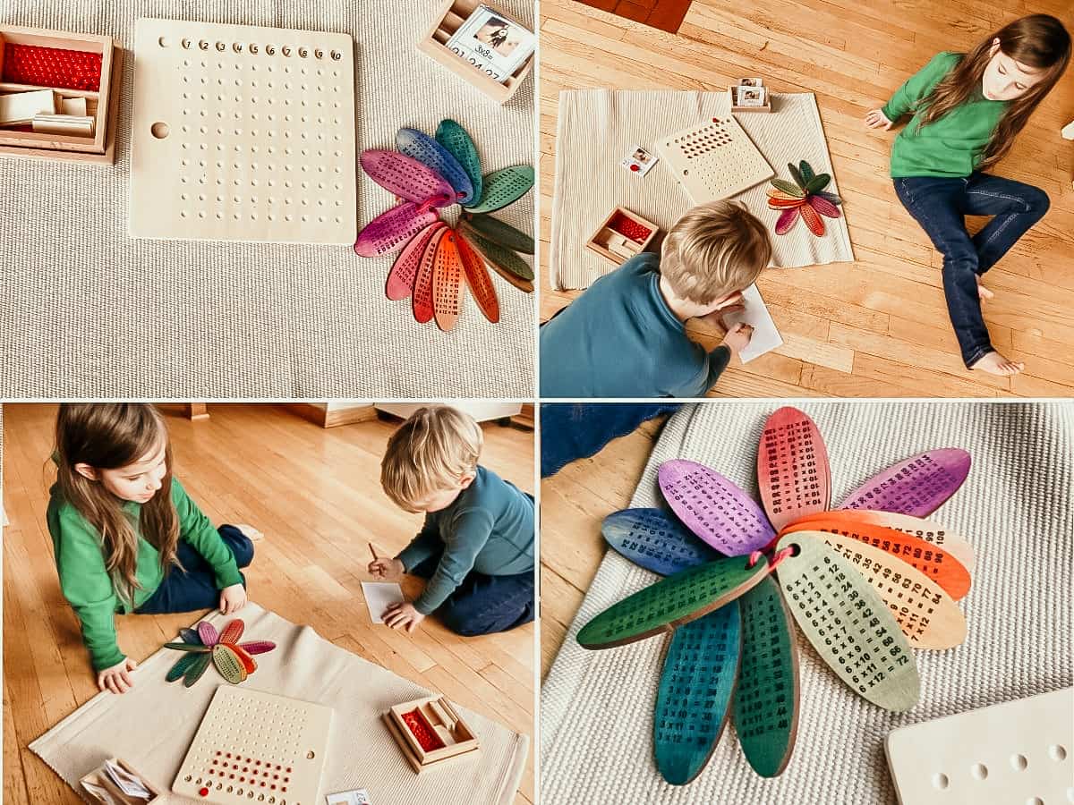 collage of photos showing kids practicing with the Montessori bead board and the Mirus Toys multiplication petals