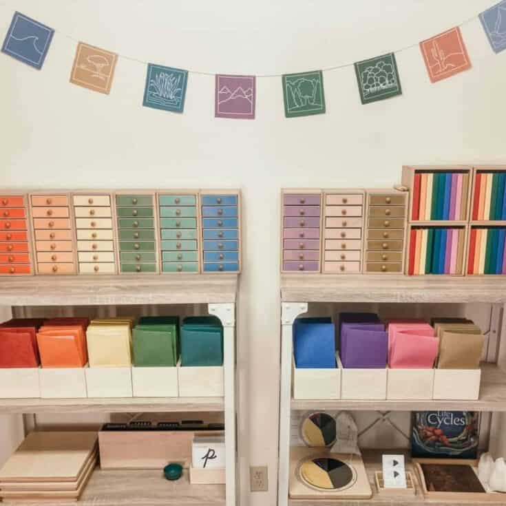 Montessori preschool and kindergarten literacy shelves in a homeschool room