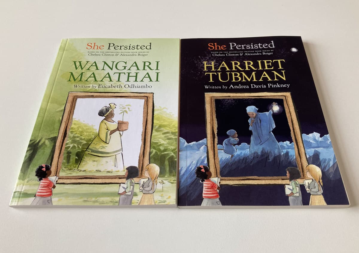 Covers of She Persisted Chapter Books for Wangari Maathai and Harriet Tubman