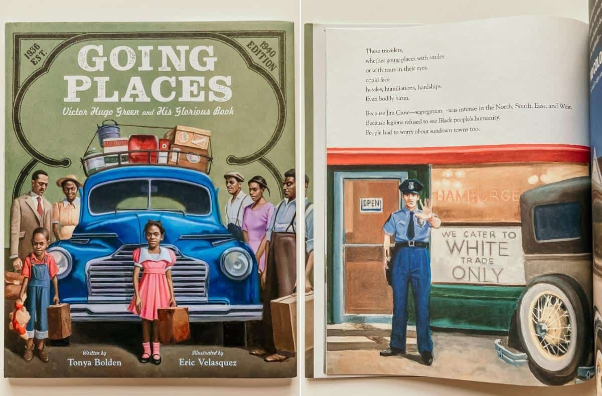 Cover of Going Places:  Victor Hugo Green and his Glorious Book and illustration of a police officer outside of a dining establishment 