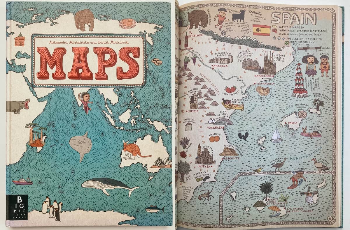 Cover of Maps book and sample page with Spain map