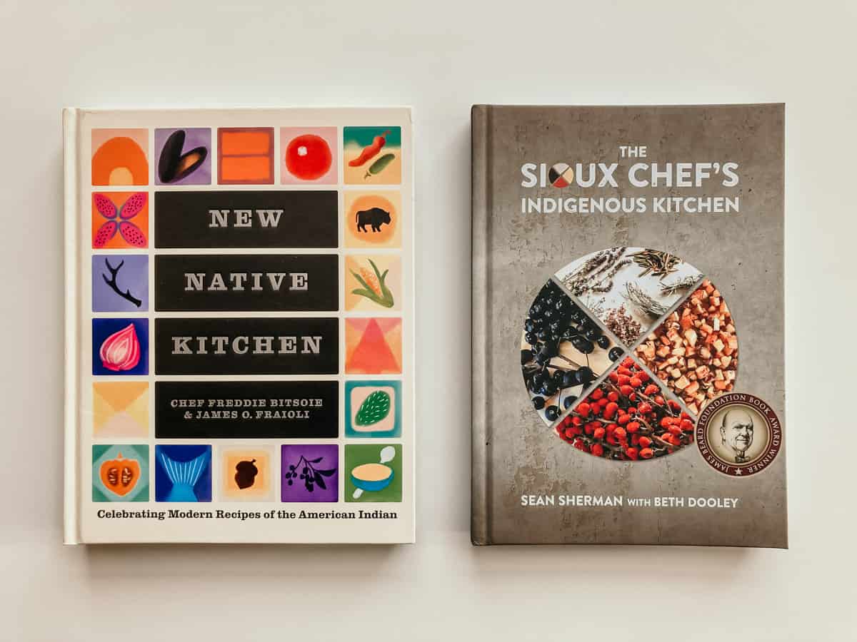 Covers of New Native Kitchen and The Sioux Chef's Indigenous Kitchen cookbooks