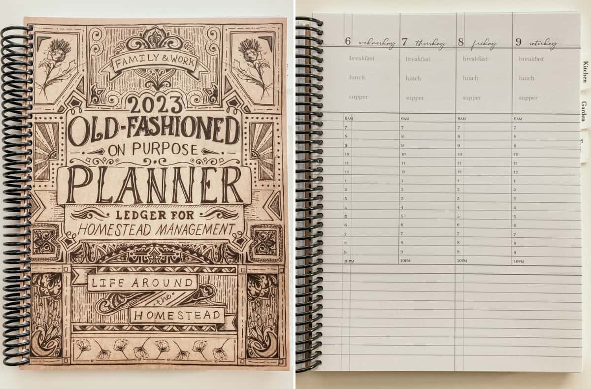 Cover and sample page from the 2023 Old-Fashioned On Purpose Planner: Ledger for Homestead Management