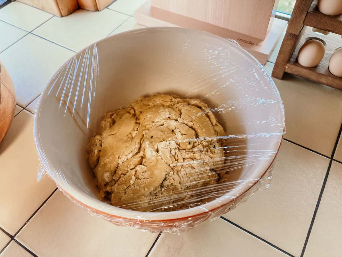 dough resting in a bowl with plastic wrap over it