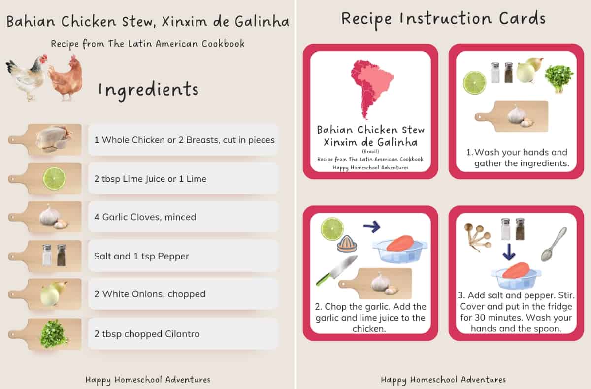 ingredients list and recipe instruction cards snippet for making Bahian chicken stew