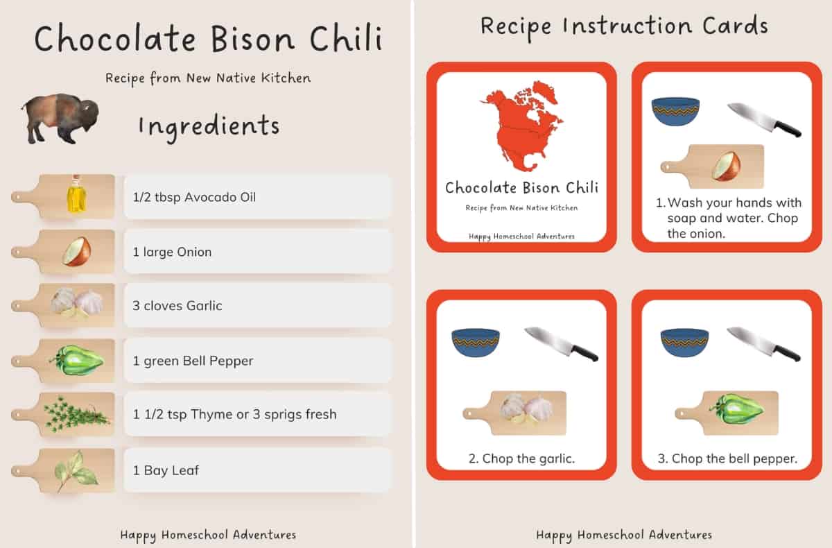 ingredients list and recipe instruction cards snippet for making Chocolate Bison Chili from New Native Kitchen cookbook