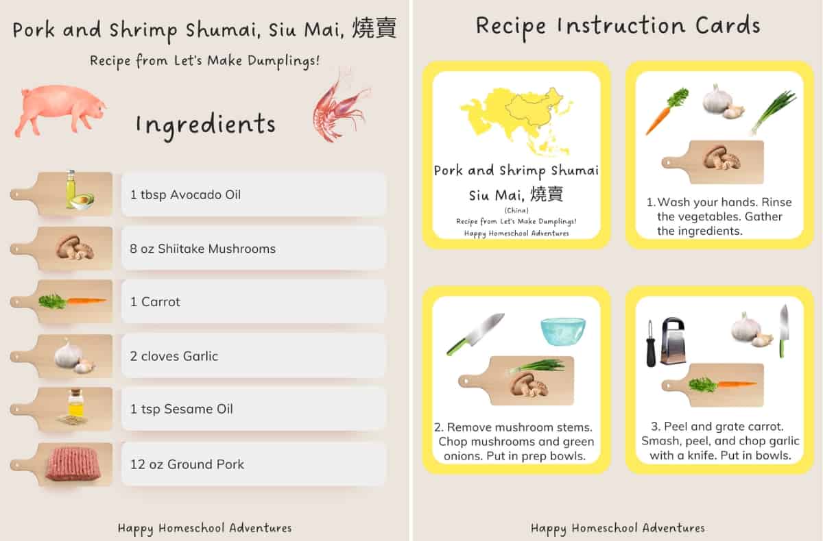 ingredients list and recipe instruction cards for making pork and shrimp shumai