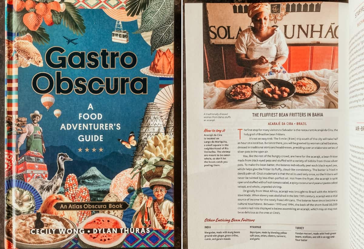 Cover of Gastro Obscura: A Food Adventurer's Guide and page describing the fluffiest bean fritters in Bahia
