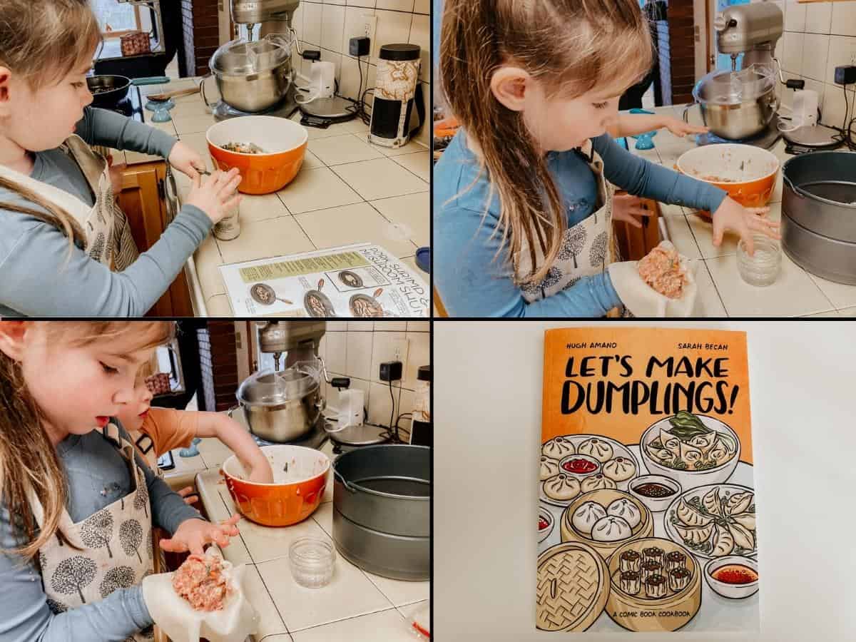 homeschool kids making shrimp shumai with pork and mushroom, and Let's Make Dumplings!, a comic book cookbook
