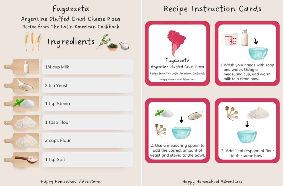 ingredients list and recipe instruction cards snippet for making Fugazzeta