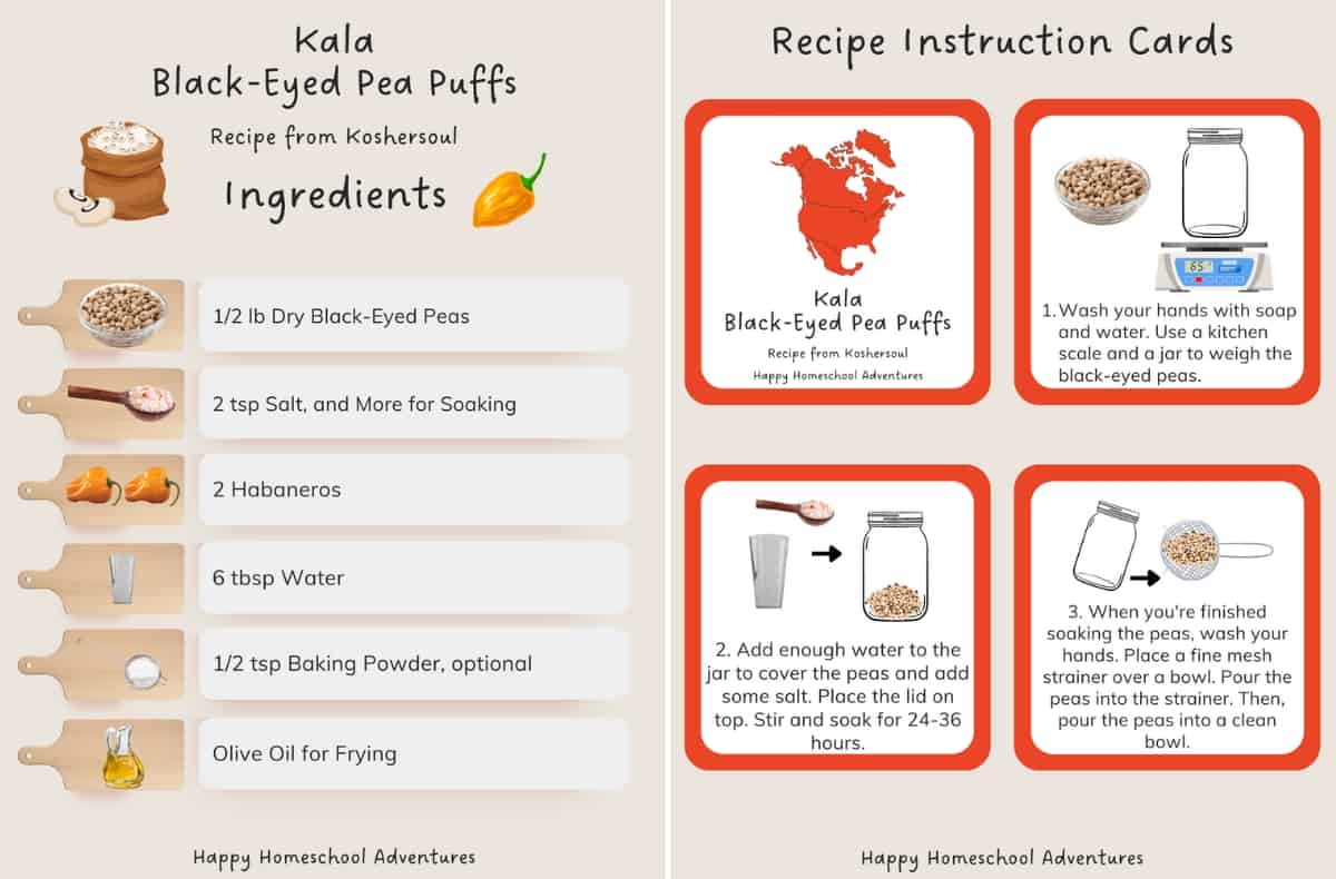 Ingredients list and recipe instruction cards for making kala, black-eyed pea puffs from Koshersoul