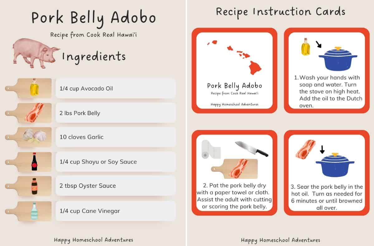 ingredients list and recipe instruction cards snippet for making Pork Belly Adobo from Cook Real Hawai'i cookbook
