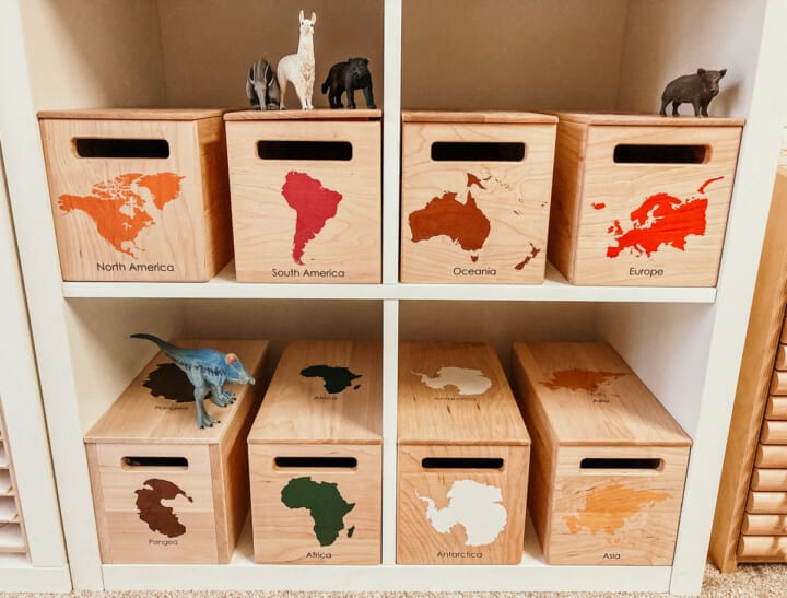 Treasures From Jennifer Montessori continent boxes with Schleich animals on top of boxes for continents South America, Europe, and the supercontinent Pangea box