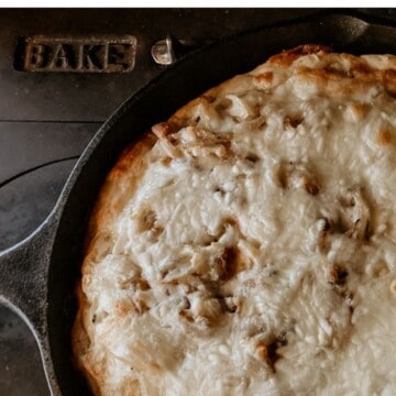 closeup of an Argentine stuffed crust cheese pizza from The Latin American Cookbook