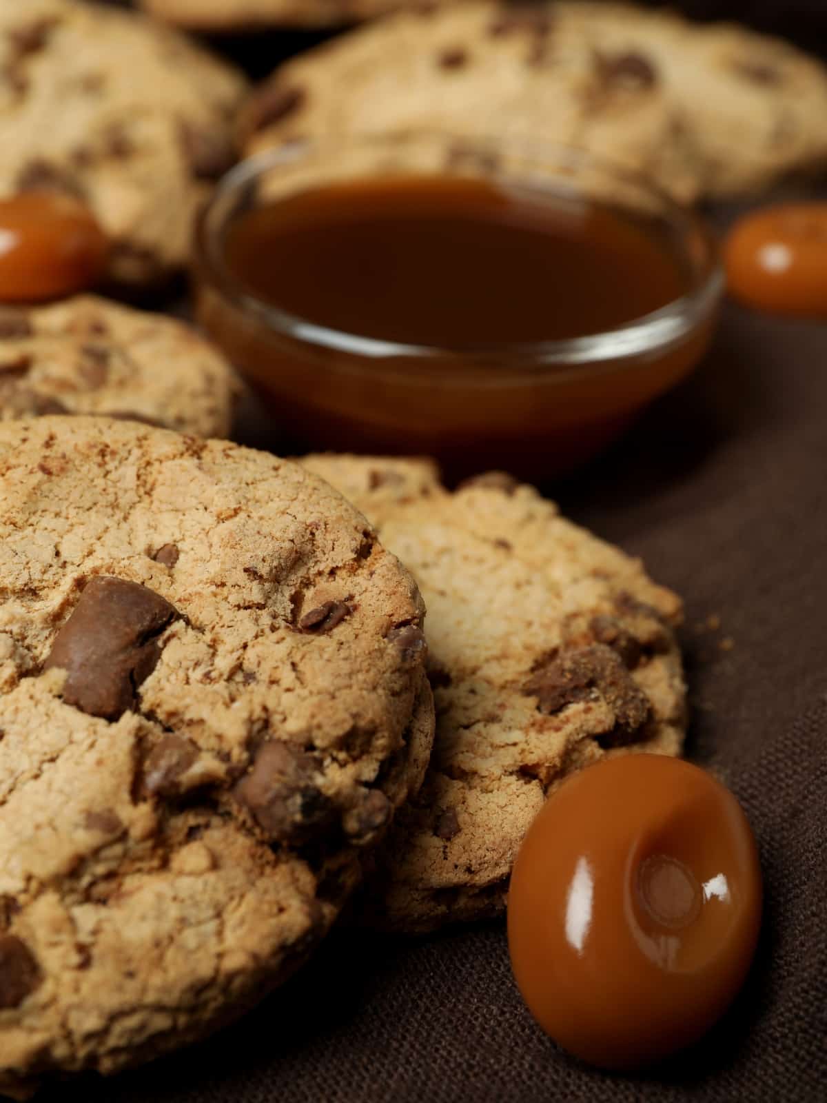 closeup of chocolate chip cookies and caramel