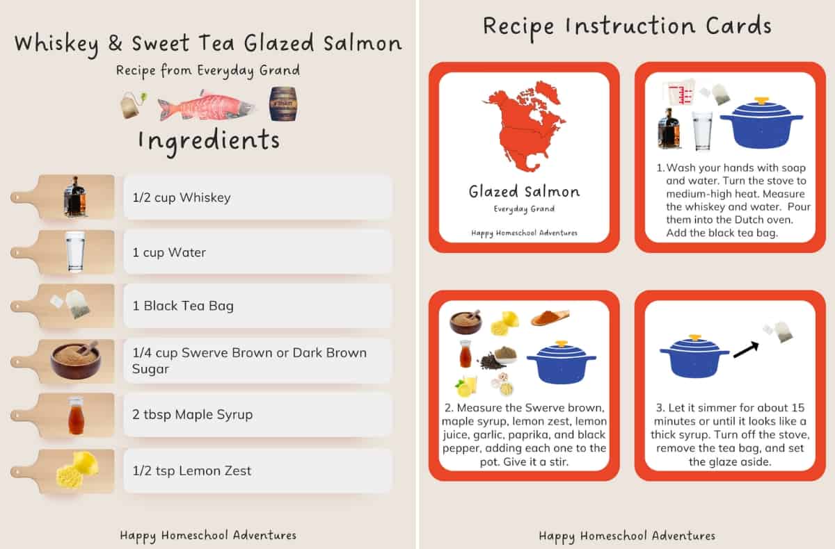 ingredients list and recipe instruction cards snippet for making whiskey and sweet tea glazed salmon from Everyday Grand cookbook
