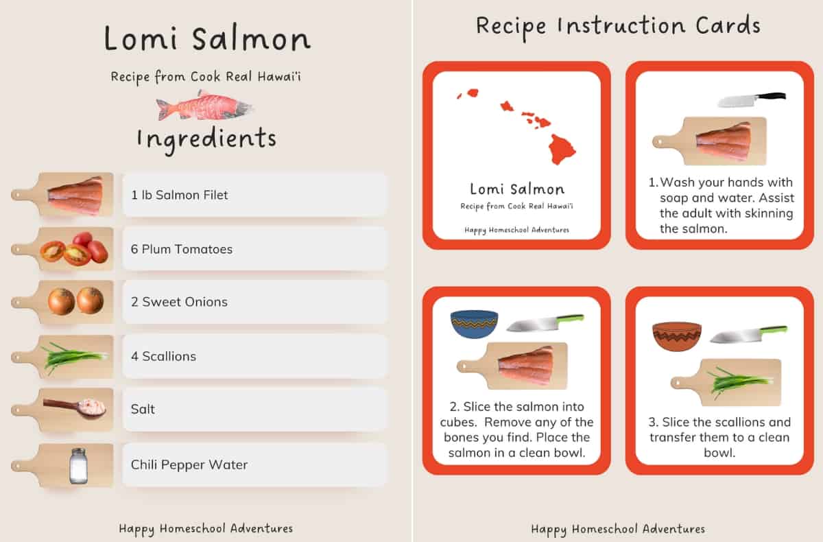 ingredients list and recipe instruction cards for making lomi salmon from Cook Real Hawai'i cookbook