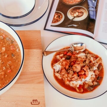 Afro-Asian-American gumbo in a large serving bowl and entrée bowl next to an image of gumbo from Between Harlem and Heaven cookbook