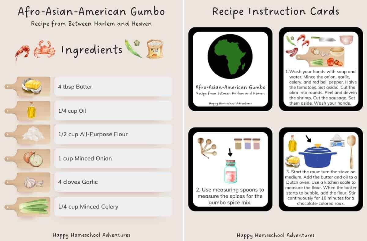 ingredients list and recipe instruction cards snippet for making Afro-Asian-American Gumbo from Between Harlem and Heaven cookbook