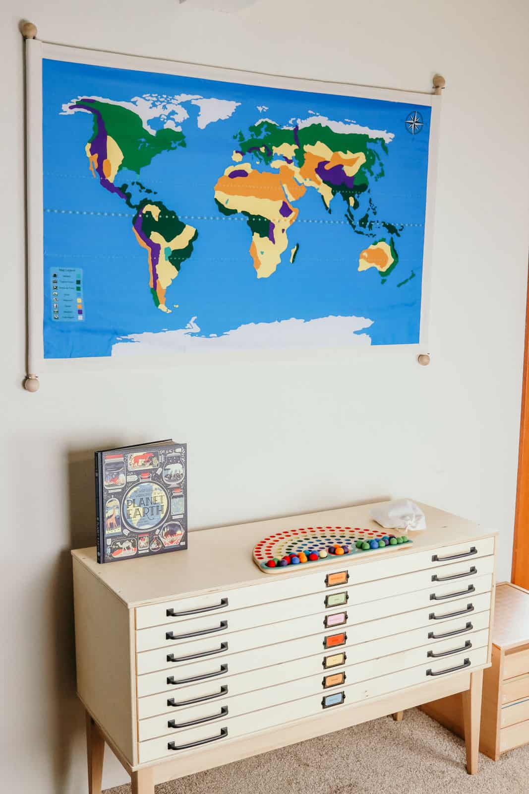 Cabinet of the Continents and Biomes of the World Mat in a homeschool room