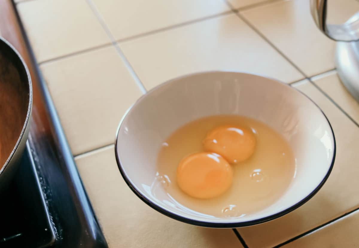 raw eggs in a Made In side bowl