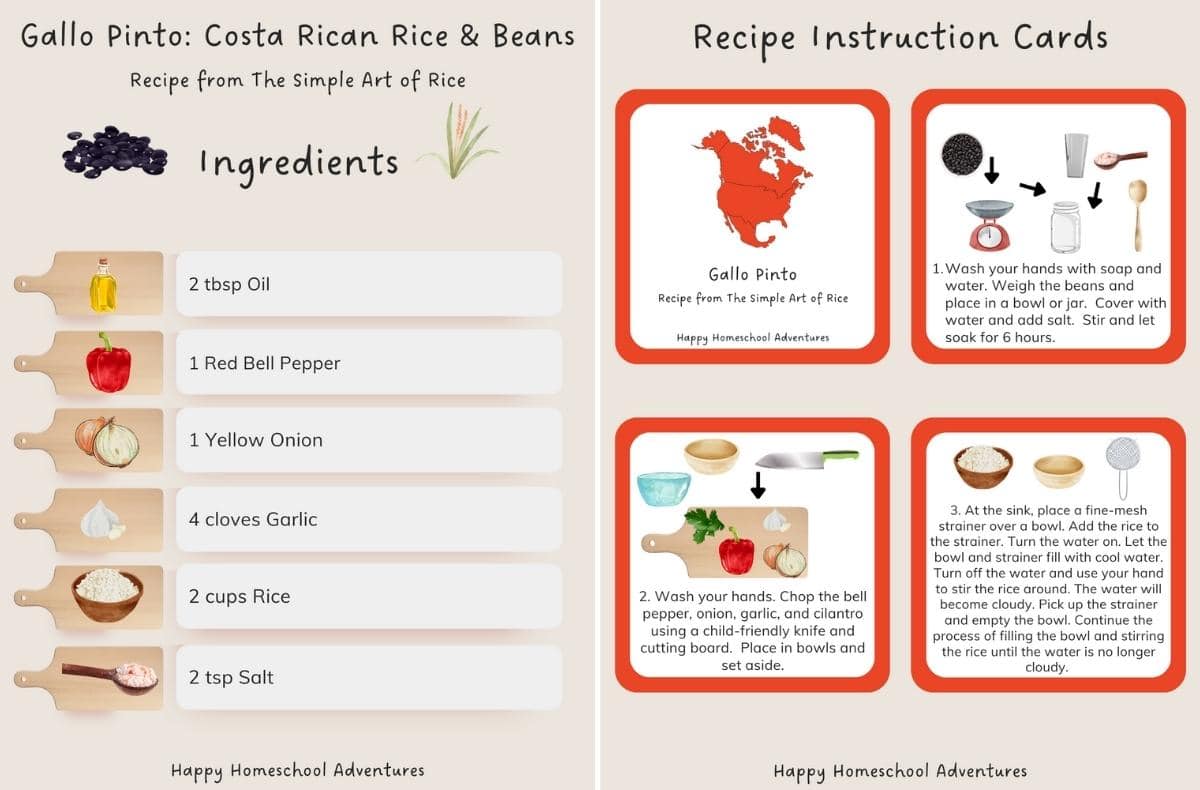 ingredients list and recipe instruction cards snippet for making gallo pinto